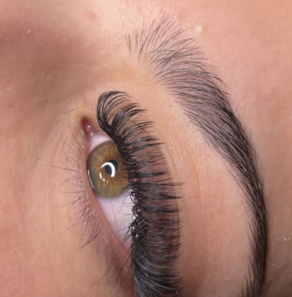 A close up of a woman's eye with long lashes